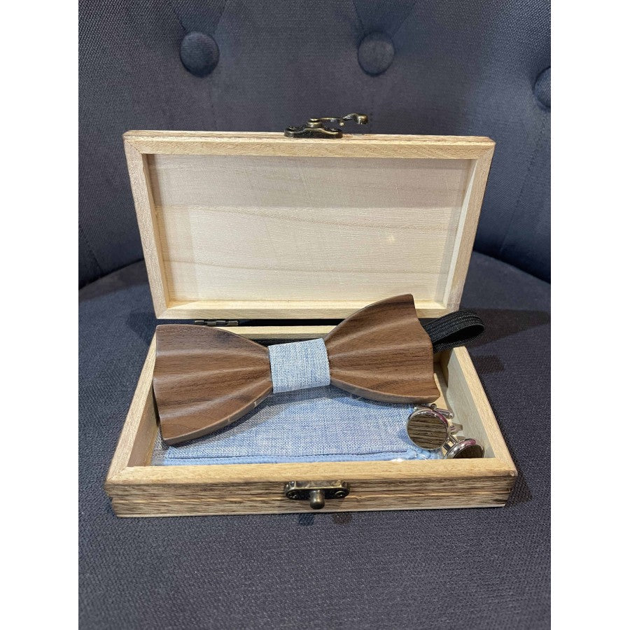 Coffret Noeud Papillon en bois + pochette + bouton de manchette