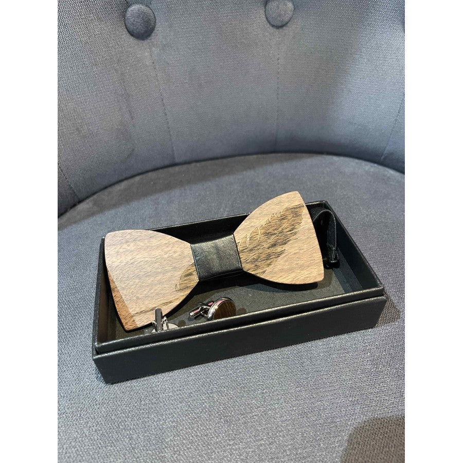 Coffret Noeud Papillon en bois + boutons de manchette
